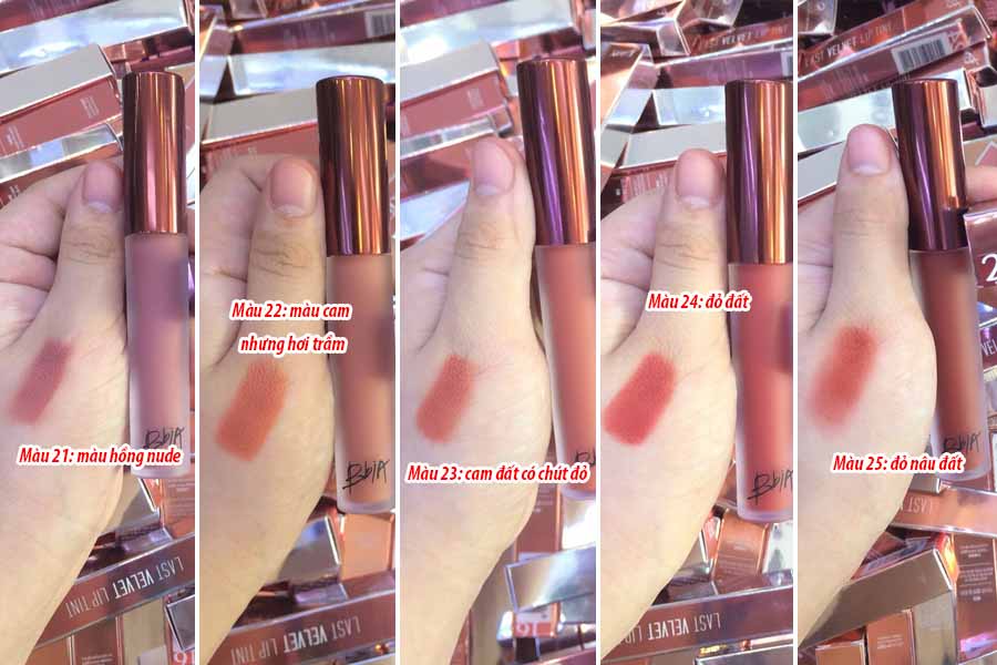 Hình ảnh các màu son Bbia Last Velvet Lip Tint Version 5 khi test trực tiếp lên tay